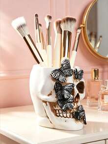 Gothic Skull And Butterfly Resin Storage Box - The Unique Engraved Design With Black Butterflies Makes It Perfect For Storing Makeup Brushes, Pencils Or Small Accessories. It Can Be Placed On A Vanity Table, Office Desk Or A Gothic-Style Corner. It Offers A Fashionable And Avant-Garde Storage Solution For Those Who Love Beauty And Alternative Home Decoration. - New Model - View 4