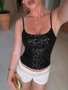 Aloruh Women's New Lace & Sequin Splice Sexy Camisole, Streetwear,Summer Top - Black - View 4