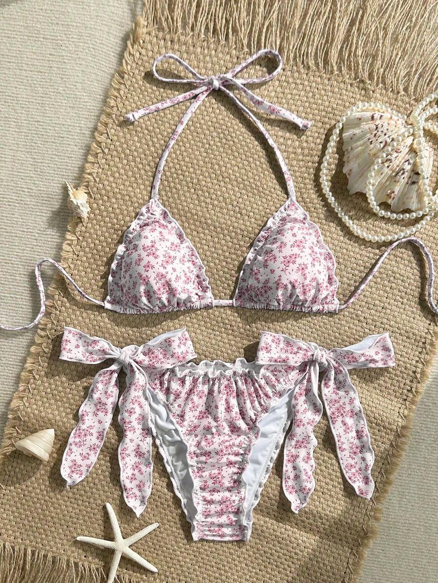Swim Vcay 女士两件套碎花荷叶边V领挂脖比基尼套装，夏季 - 粉色 - 查看 1
