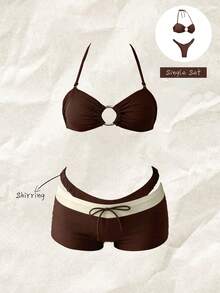 Elavelle Women's Solid Color Strapless Circular Decor Bikini Set, Spring/Summer - Brown - View 1