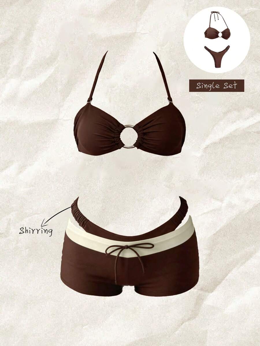 Elavelle Women's Solid Color Strapless Circular Decor Bikini Set, Spring/Summer - Brown - View 1