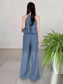 DAZY Spring Summer Blue Solid Color Ruffle Trim Sleeveless Top & Wide Leg Pants Women 2 Pieces Set - Blue - View 2