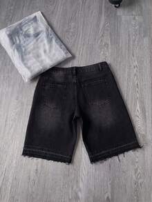 Manfinity Roughcore Men's Casual Pocketed Button Denim Shorts, Versatile For Daily Wear - Black - View 4