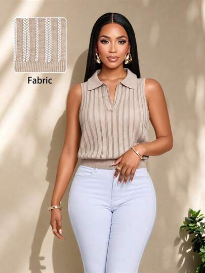 Mistrie This Women's Casual, Solid-Colored Sleeveless Knit Top Features A Fold-Over Collar And Ribbed Detailing. With Its Simple Yet Stylish Aesthetic, It Is Suitable For Both Daily Wear And Various Outdoor Activities, Making It A Versatile Choice For All Four Seasons.