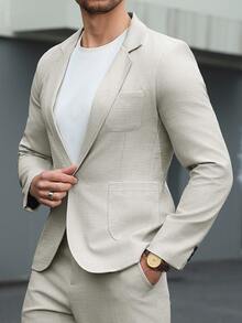 Manfinity Mode Men's Solid-Color Lapel Casual Formal Suit Set,Linen Fabric,Men's Lightweight, Breathable And Cool For Spring Summer,Slim Fit Men Suits Elegant Outfit, Ceremony - Light Grey - View 6