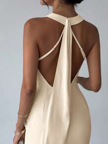xheFirerie Vestido largo elegante sin espalda con cintura anudada, vestido de gala sin mangas con cuello drapeado en color albaricoque para uso diario en verano y otoño, vacaciones, fiestas, graduación, vuelta al colegioxhe - Albaricoque - Ver 4