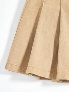 SHEIN Young Girls' Casual Cute Denim Pleated Skirt, Summer Lightweight New Arrival, Washed White, Casual Cute Sweet Street Fashion , Minimalist Design, 3/4 Elastic Waist, Snap Button Decor, A-Line Non-Stretch Denim Shorts, Soft Cotton Denim Fabric, Daily, Party, School, Commute, 2026 Summer New Release - Khaki - View 6