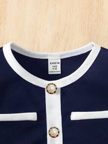 LMoss Kids Baby Girl Contrast Color Short Sleeve Button Design T-Shirt And Pants Set, Fashionable Casual - Navy Blue - View 3