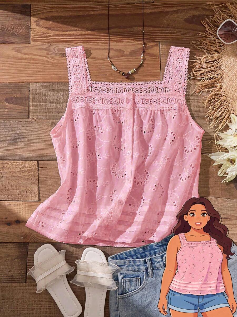 Rusticease Plus Size Women's Spring/Summer Casual Vacation Lace Patchwork Spaghetti Strap Open Back Embroidered Pink  Blouse - Pink - View 1