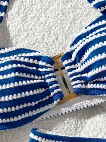 Swim Mod Women's Cute Vacation Pink Striped Halter Swimwear Set - Blue - View 6