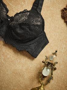 PinupPomp 1 Peça Sutiã de Lingerie com Armação e Recortes em Renda Plus Size, Sustentação - Preto - Visão 5