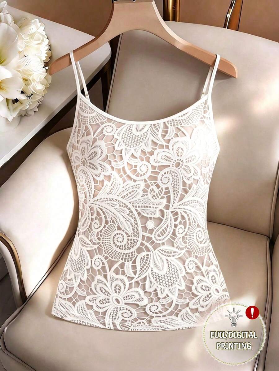 GlowEve Women's Elegant Beige Summer Tea Party Floral Camisole,Spaghetti Strap Fitted Waist Date Commute Minimalist Beachwear Luxury Fashion Top - Multicolor - View 1