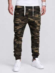 Manfinity Homme Pantalones holgados con estampado de camuflaje y cintura con cordón para hombres - Verde militar - Ver 3
