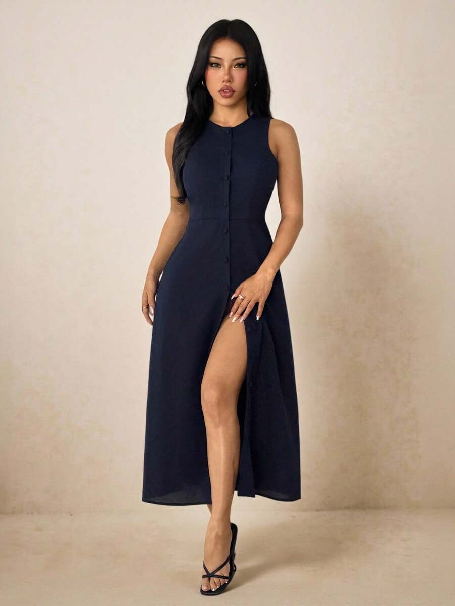 SHEIN PETITE 女士纯色拼接设计休闲派对中长连衣裙 - 藏蓝色 - 查看 1