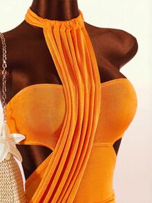 Amplova Bộ jumpsuit nữ gợi cảm hở lưng, không dây vai, thích hợp mặc đi nghỉ mát. - trái cam - Xem 5