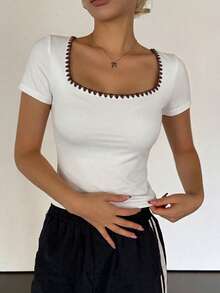 Camiseta ajustada de manga corta y cuello cuadrado de unicolor para mujer, uso casual diario, tops cortos para mujer, tops lindos - Blanco 8 - Ver 2
