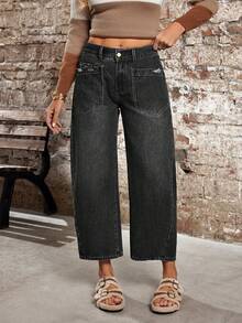 EMERY ROSE Plus Size Plain Simple Casual Everyday Jeans Formal Gray Summer - Black - View 8