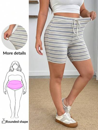 Enliva Quần short dệt kim kẻ sọc cỡ lớn dành cho nữ, trang phục mùa thu, mùa tựu trường, quần bó sát dài đến mắt cá chân (7/8).