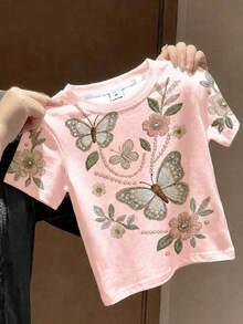 少女壓花 T-shirt，淡粉色夏季校園波希米亞野花短袖上衣，復古植物印花 Tee，可愛 Y2K 風格 - 彩色 - 查看 4