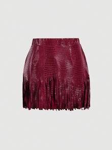 SHEIN MOD 女士时尚百搭流苏下摆半身裙 - 酒紅色 - 查看 5