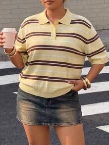 Muchica Plus Size Mustard Yellow Striped Knit Top - Pale Yellow - View 6