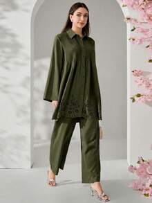 Veilorie Damen elegantes Set aus einfarbiger Bluse und Hose, 2-teilig - Armeegrün - Übersicht 4