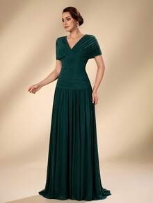 Serin Elegantes, luxuriöses, romantisches elastisches Strickkleid mit gerafften Ärmeln, V-Ausschnitt und Fischschwanzsaum in A-Linie, geeignet für Hochzeiten, Singles-Partys, Urlaub, Brautmütter, Abendkleider - Grün - Übersicht 6