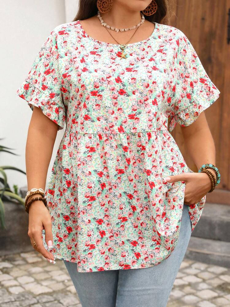 Plus Size Women's Summer Casual Vacation Country Ditsy Floral Print Round Neck Short Sleeve Ruffle Loose Boho Blouse Shirt Top,Going Out Outfits,Festa Junina