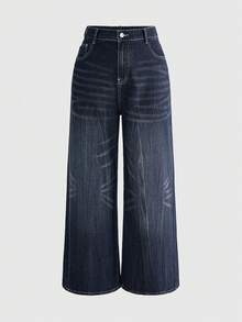 ROMWE Fairycore Plus Size Vintage Washed Butterfly Rhinestone Embellished Wide Leg Jeans - Blue - View 2