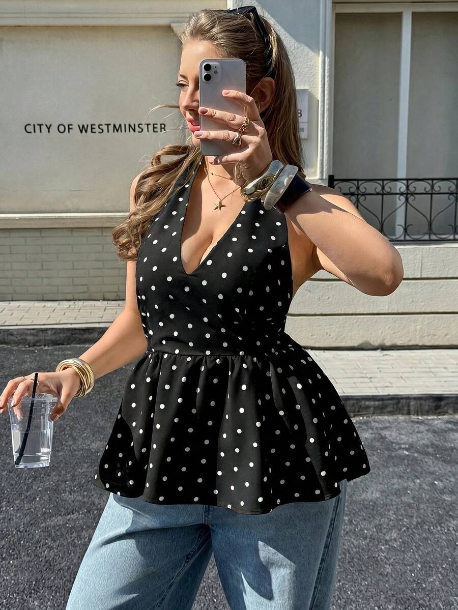 Lounesse Plus Size Women V-Neck Polka Dot Design Fashion Tie-Up Waist Flared Hem Sleeveless Top, Versatile White Base Black Dot - Black - View 1