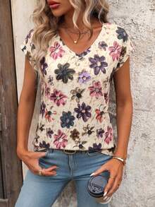 EMERY ROSE Women Gradient V-Neck Short Sleeve Casual T-Shirt, Summer Graphic Tees Women Tops - Multicolor - View 4