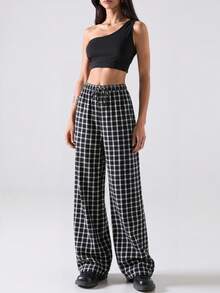 SHEIN BASICS 女款秋季居家休閒長褲 黑白格紋休閒款 - 彩色 - 查看 9