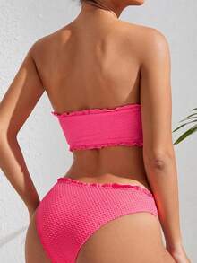 SHEIN Swim 女款紋理荷葉邊飾抹胸上衣與三角泳褲比基尼套裝 - 玫紅色 - 查看 5