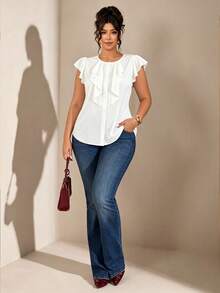 SHEIN Clasi Plus Size Women's Elegant Brown Round Neck Ruffle Top, Casual Summer Top, Versatile Work Gym Daily Wear - White - View 5