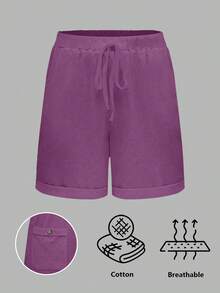 SHEIN EMERY ROSE CURVE Plus Size Washed Cotton Cinched Waist Backpocket Button Decor Short Casual Top - Purple - View 4