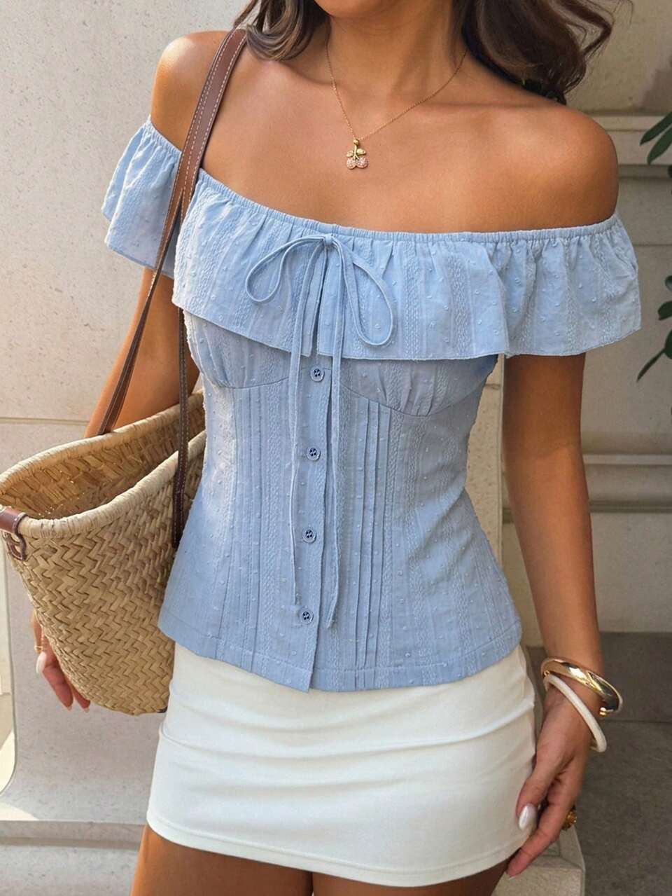 Women's Solid Color Textured Jacquard Fitted Short Ruffle Off-Shoulder Casual Vacation Summer Top