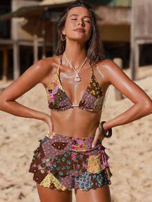 Swim Mod Summer Women's 3-Piece Multi-Color Patchwork Ditsy Floral Lace Trim Tie-Up Triangle Cup Bikini Set With Drawstring Ruched Mini Skirt Swimsuit Set - Multicolor - View 3