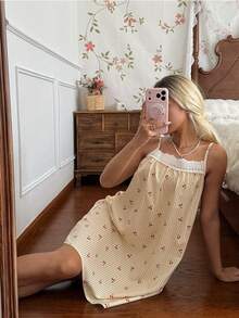 CottageSlumber Romantic Embroidered Lace Ruffled Slip Dress For Women - Yellow - View 5