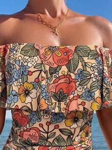 Swim Lushoire Spring/Summer Leopard Print Ruffle Off-Shoulder Women's One-Piece Swimsuit With Side Drawstring, Festival Boho - Multicolor - View 4