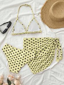 SHEIN Bộ đồ bơi 3 mảnh dành cho thiếu nữ, họa tiết chấm bi, quần và váy buộc dây phía trước, thích hợp cho kỳ nghỉ hè và đi biển. - Màu vàng - Xem 2