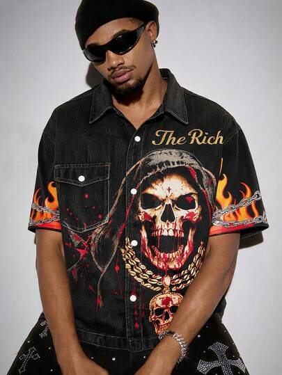 ROMWE MEN Street Life Men's Turndown Collar Letter & Skull Graphic Single-Breasted Casual Versatile Denim Jacket For Daily Wear
