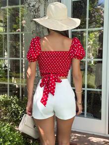 Ronhire French Style New Summer Vintage Sweet & Cute Red Polka Dot Print Puff Sleeves Bowknot Blouse For Ladies - Red - View 5