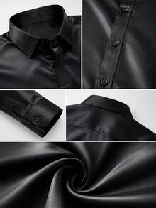 Core Aspect Men's Textured Design Casual Business Long Sleeve Shirt Silk Shirts Satin Men Shirt Luxury Shirts Black Dress Shirt For Old Money,Daily Leisure, Weekend Trips, Outdoor Activities, Travel Expeditions, Relaxed Work Environments Or Semi-Formal Occasions,Boyfriend/Husband Gift, Anniversary Gift Christmas - Black - View 5