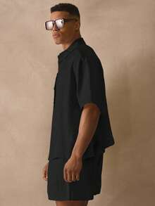 Musero Short Sleeve Boxy Button Through Collared Drop Shoulder Linen Shirt Spring Summer Holiday Essentials Beachside - Black - View 3