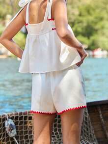 WESTFADE Celana Pendek Model A-Line Putih 100% Katun dengan Pinggang Sedang, Ukuran Besar, Saku Tempel, Bordir Bergelombang, Cocok untuk Musim Panas, Kasual, Pantai, Liburan, dan Gaya Pedesaan. - Krem - View 2