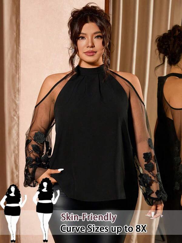 SHEIN CURVE+ Blusa de mujer de gran tamaño, de encaje hidrosoluble, de unicolor blanco, de manga larga, con cuello alto, elegante.