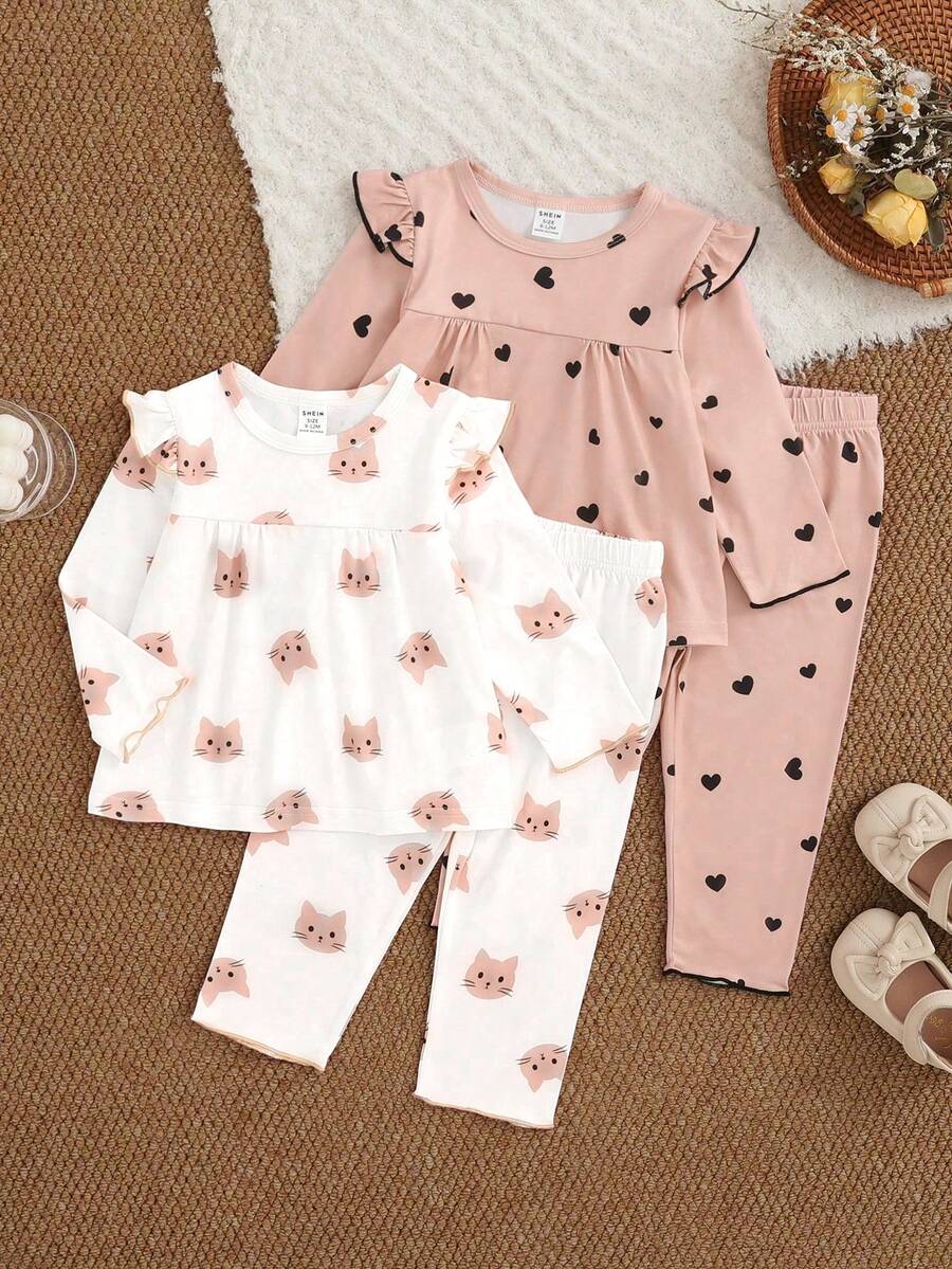 SHEIN 2pcs/Set Baby Girls' Spring/Autumn Outfits, Pink Kitty Cartoon All-Over Print Round Neck Long Sleeve With Ruffle Shoulder Design Paired With Pants, Heart Print Round Neck Long Sleeve With Ruffle Shoulder Design Paired With Pants, 4pcs Set, Comfortable & Cute Casual Wear - Multicolor - View 1