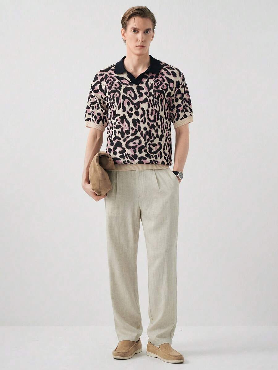 Manfinity CityGents 男士豹紋針織 Polo 衫,米色夏季優雅短袖休閒寬鬆上衣,適合晚宴派對、度假、海灘與熱帶出遊 - 彩色 - 查看 1