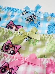 THE POWERPUFF GIRLS X SHEIN 3 chiếc quần lót nữ in hình hoạt hình kẻ caro dễ thương, có bèo nhún. - Nhiều màu - Xem 4