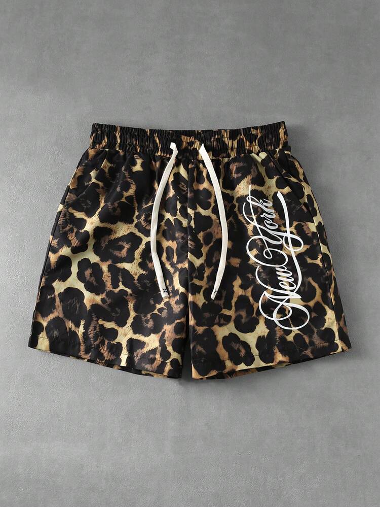 ROMWE MEN Men's Letter & Leopard Print Drawstring Waist Casual Shorts - Multicolor - View 1